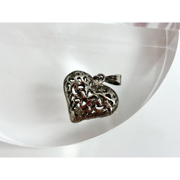 Sterling Silver 3D Cutout FIligree Vintage Heart Shaped Large Pendant | Charm - Picture 4 of 10
